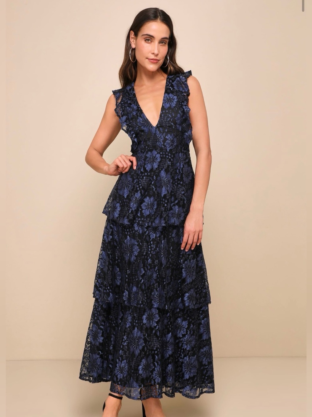Lulu’s Molinetto Navy Blue Lace Ruffled Tiered Sleeveless Maxi Dress Women’s XS